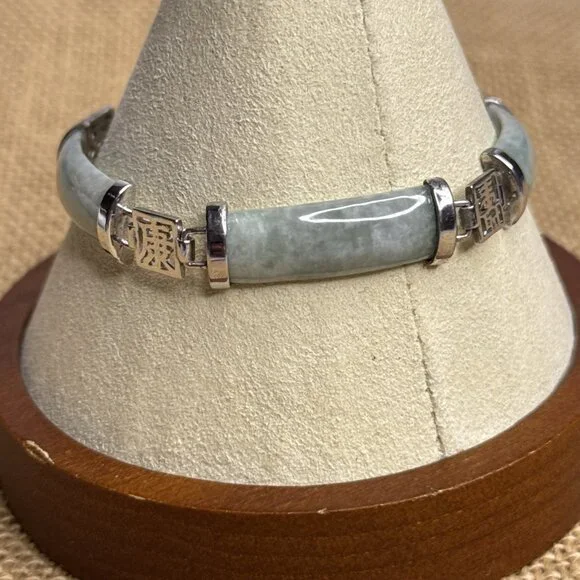 Jade Of Yesteryear Station Bracelet Green Jade Panels Sterling Silver 7.25" Cast - Picture 12 of 14